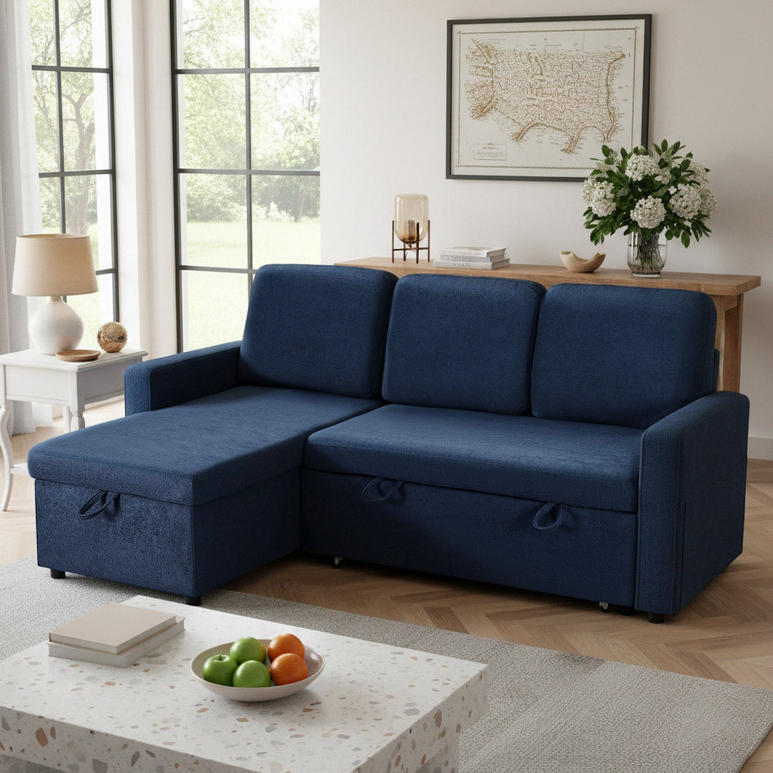Amy 3 Seater Sofa Bed with Storage - Blue