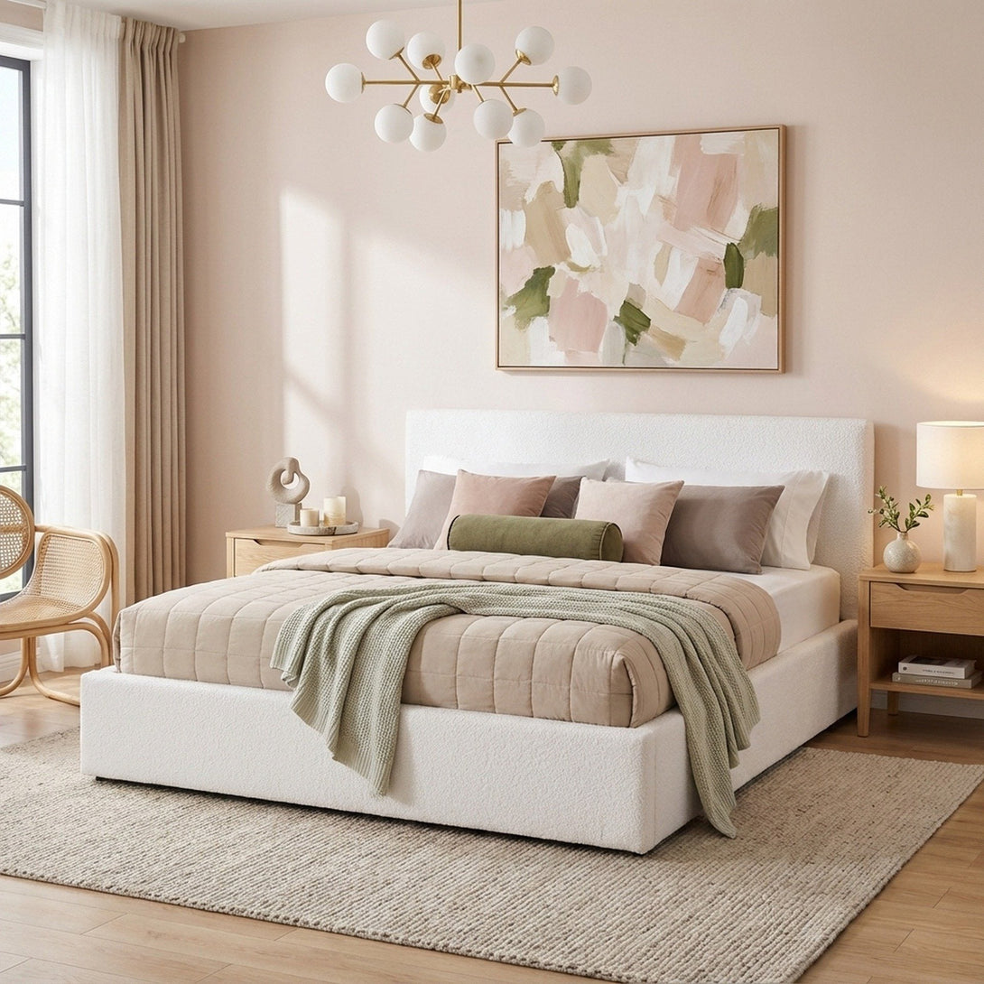 Belo Boucle Queen Gas Lift Bed - White | Treasurebox NZ