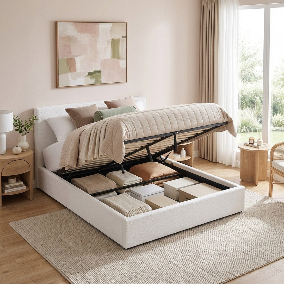 Belo Boucle Queen Gas Lift Bed - White | Treasurebox NZ