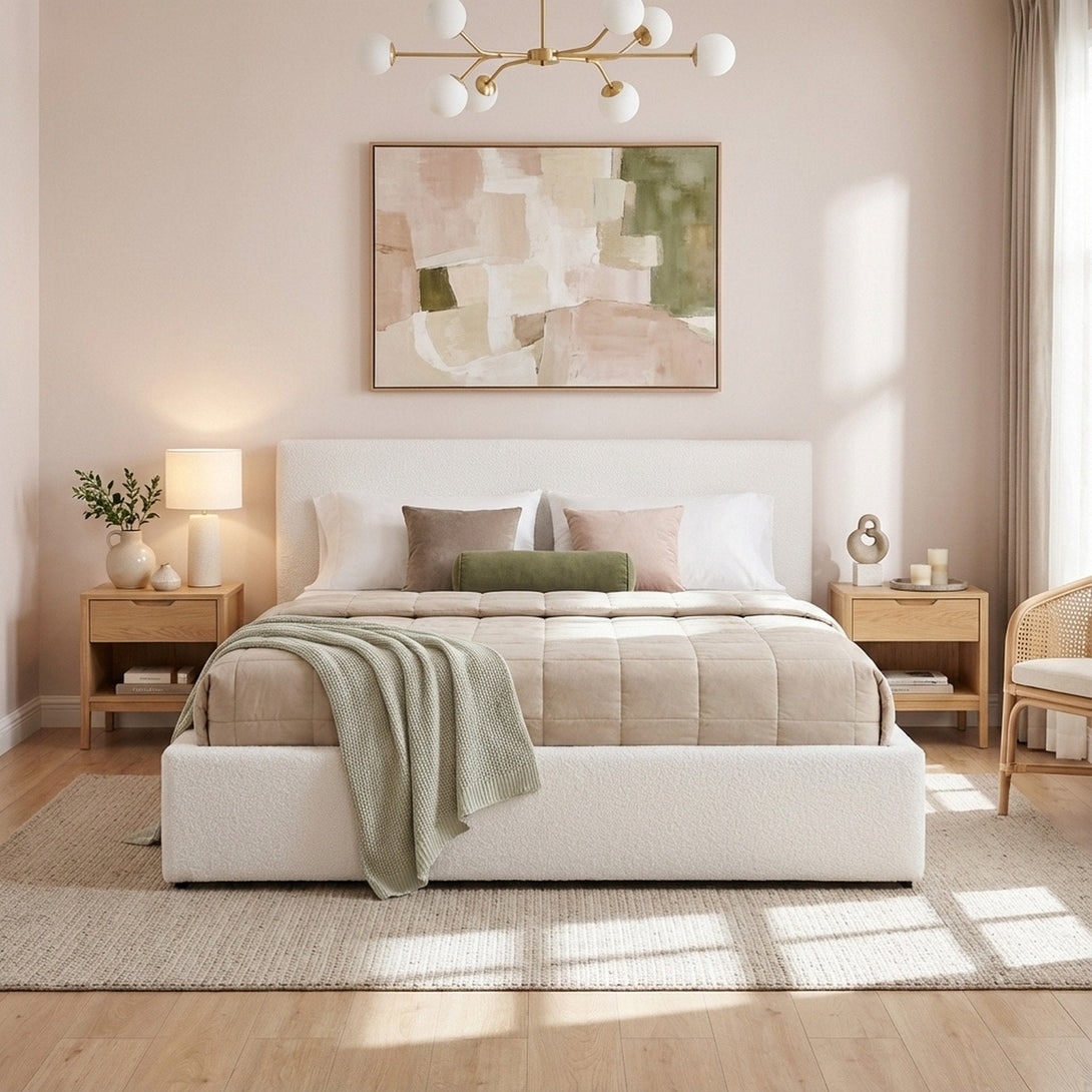 Belo Boucle Queen Gas Lift Bed - White | Treasurebox NZ