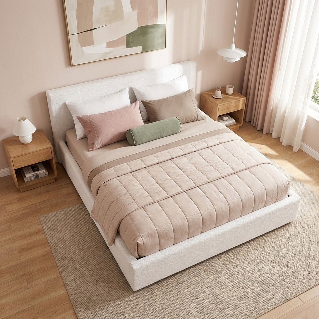 Belo Boucle Queen Gas Lift Bed - White | Treasurebox NZ
