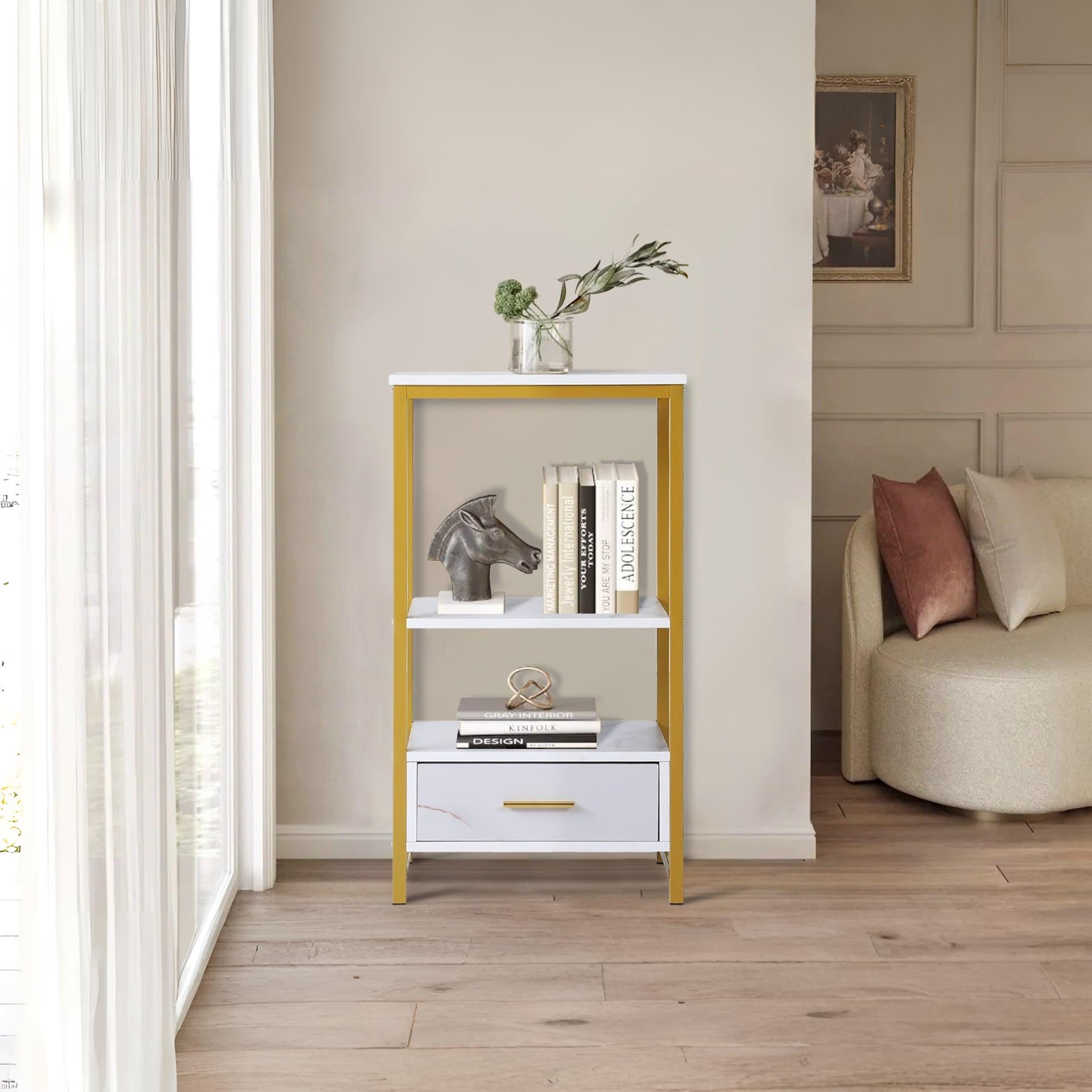 Ross Storage Shelf With Drawer - White + Gold – Treasurebox