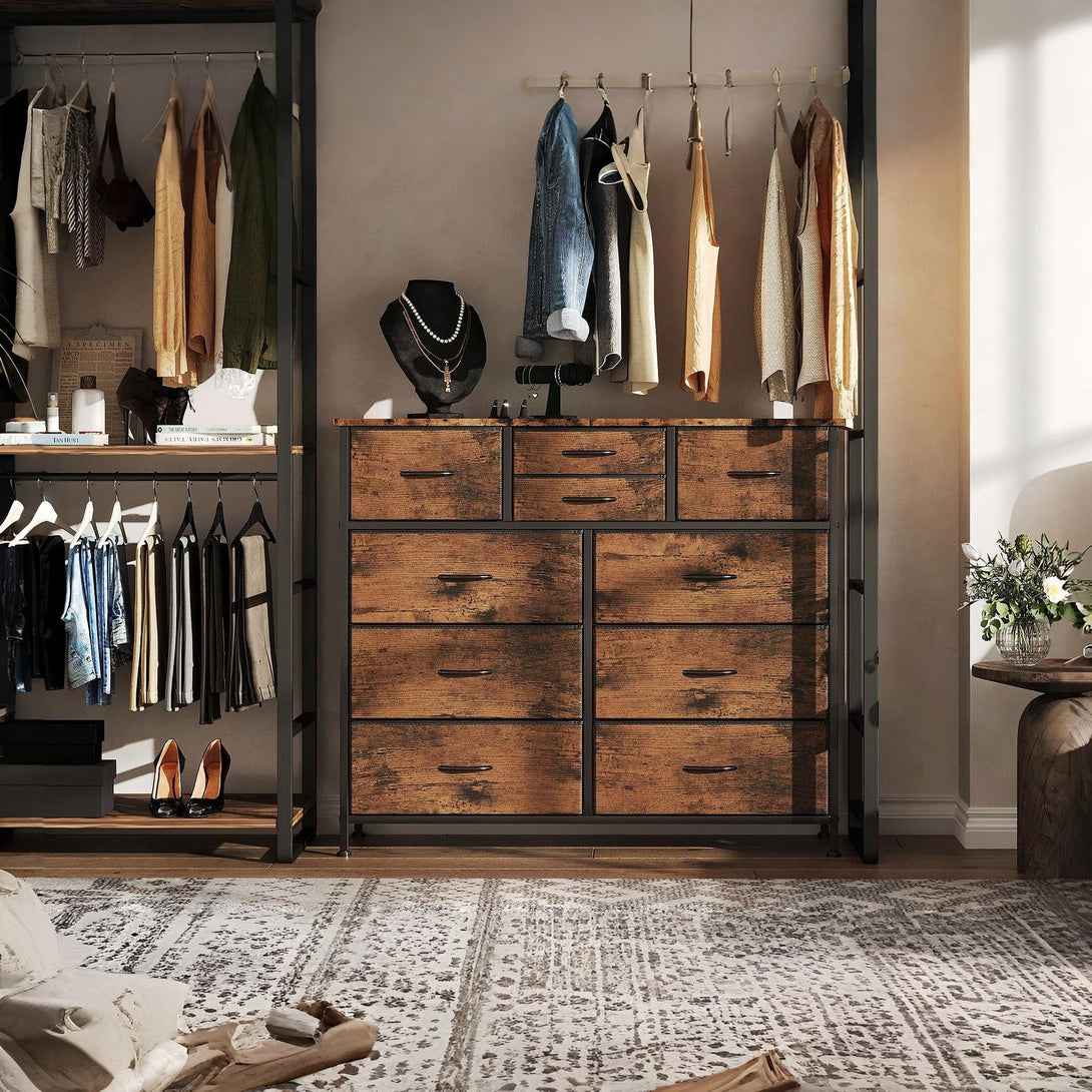 Natalia 10 Drawers Lowboy Chest Dresser - Rustic Brown – Treasurebox