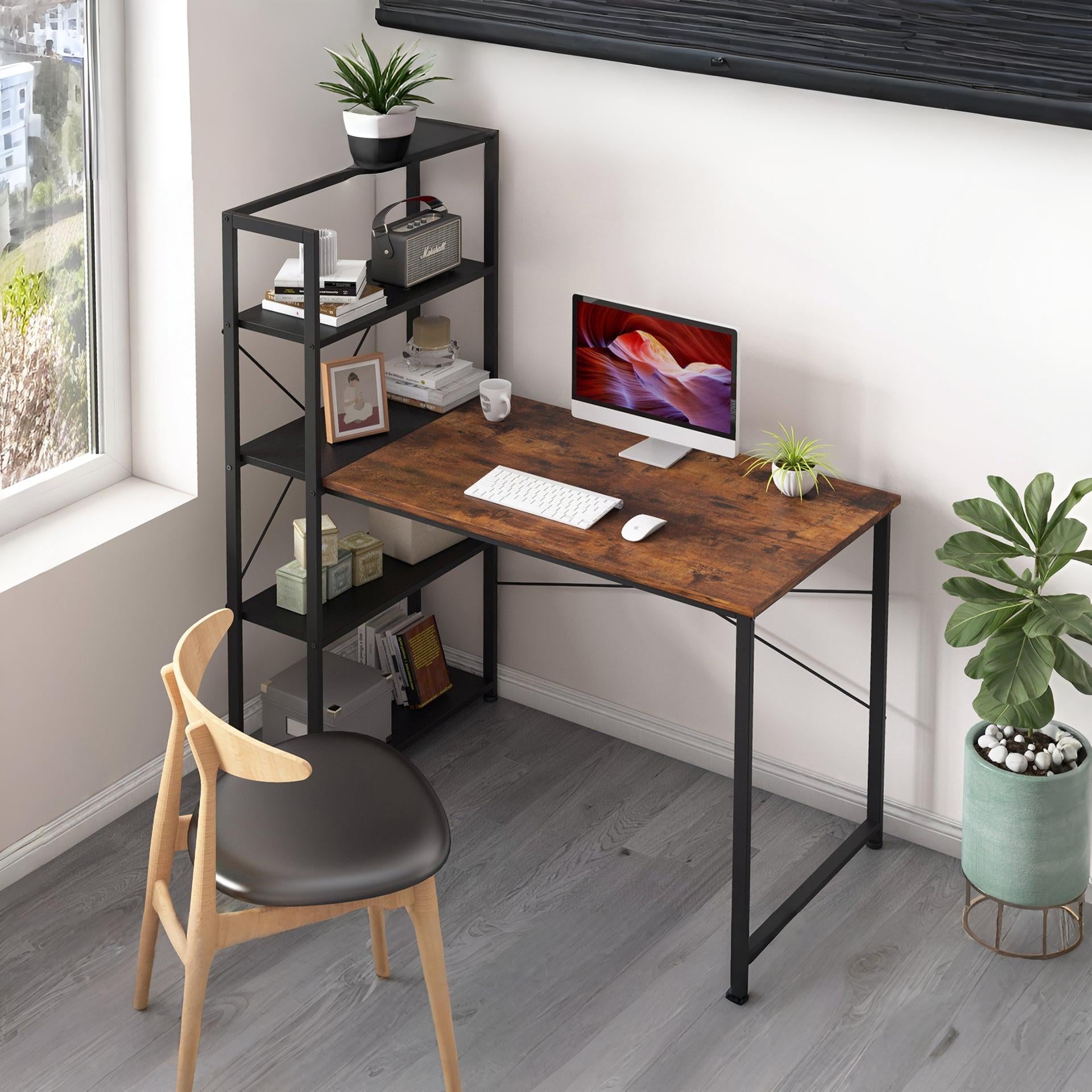 Zayden 120cm Computer Desk with Bookshelf - Rustic Brown + Black ...