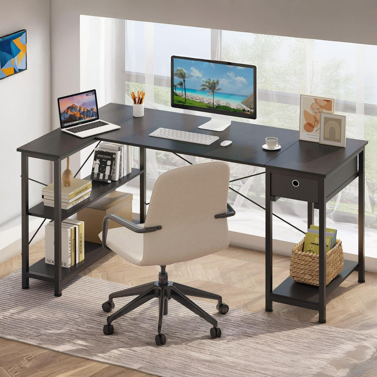 Simon Computer Corner Desk with Bookshelf - Black – Treasurebox
