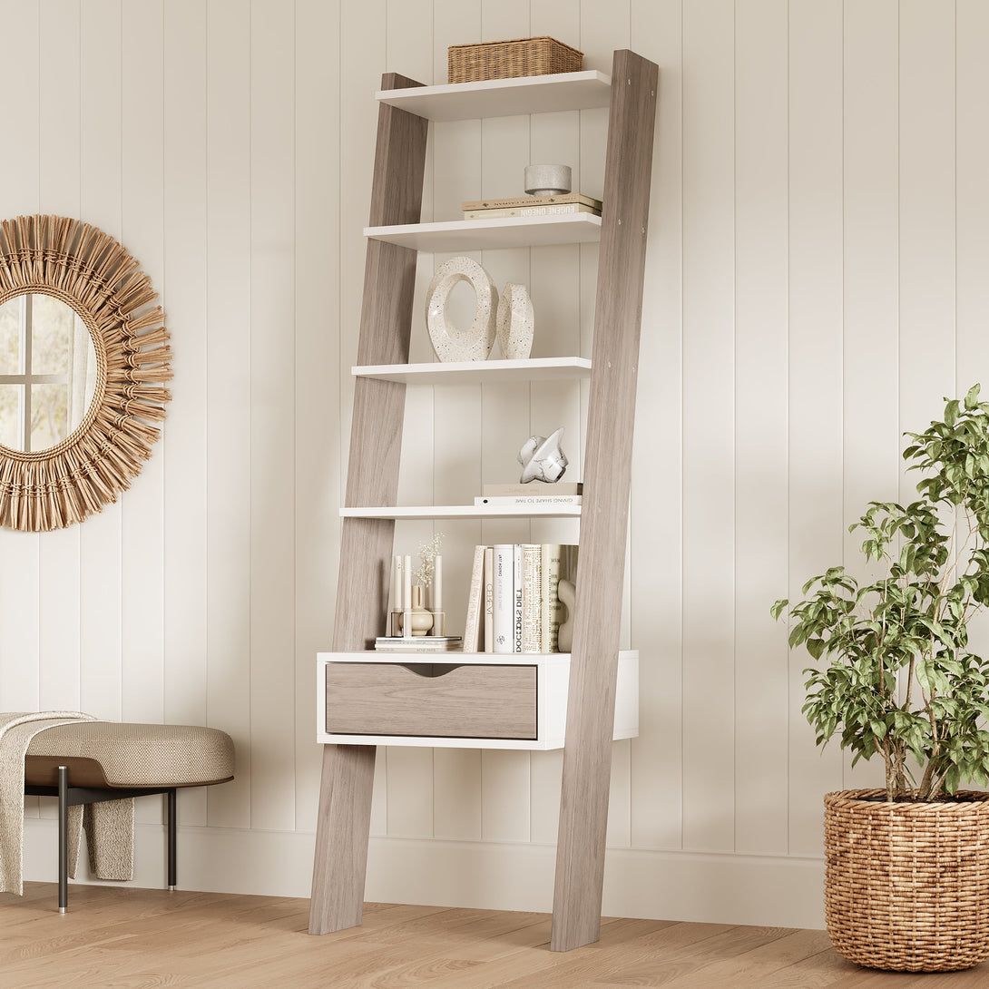 Clive 5 Tier Ladder Shelf with Drawer - Walnut + White – Treasurebox
