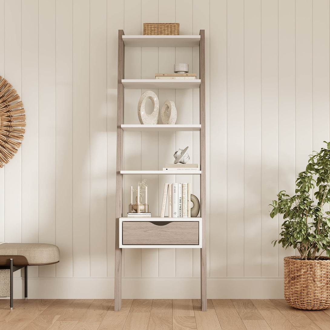Clive 5 Tier Ladder Shelf with Drawer - Walnut + White – Treasurebox