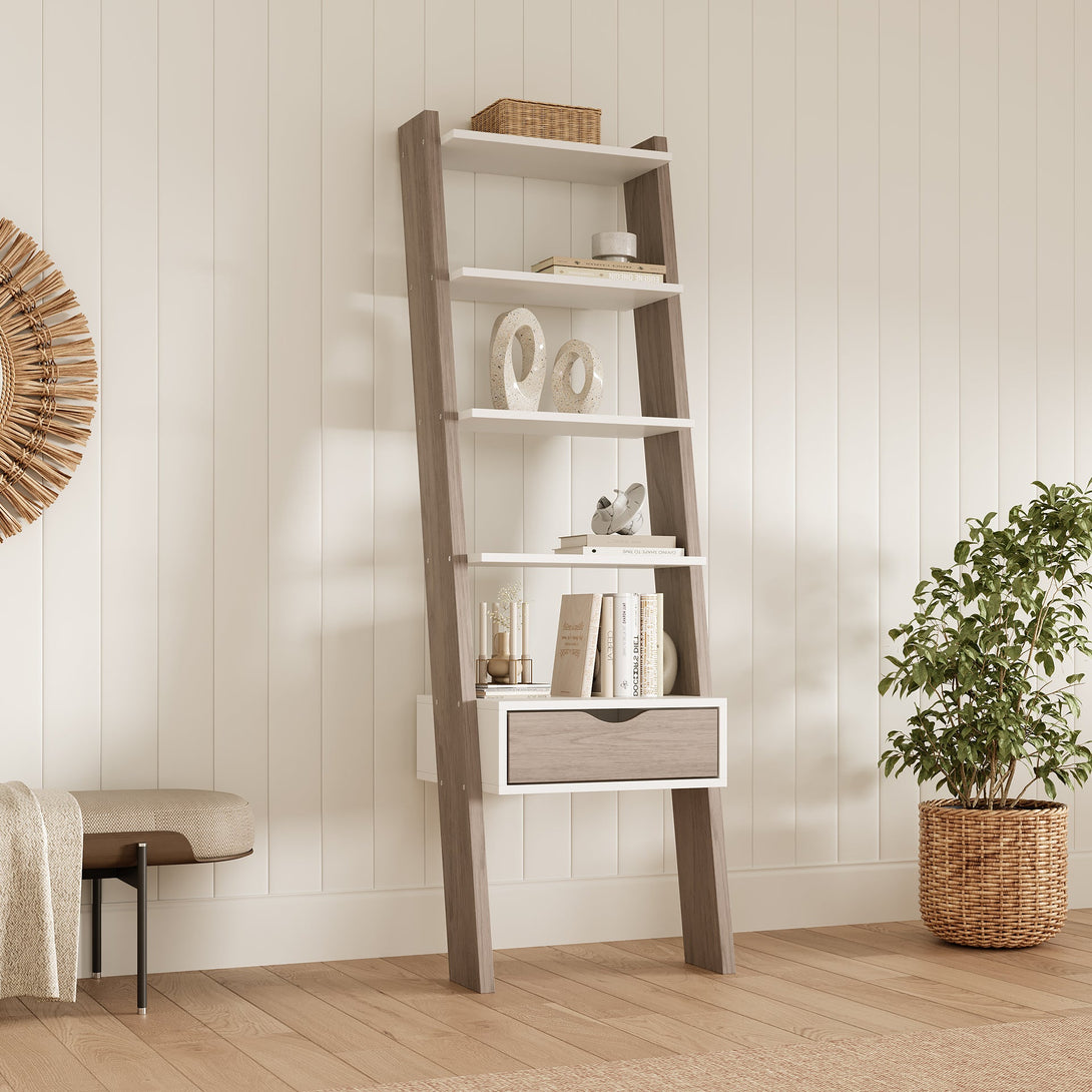 Clive 5 Tier Ladder Shelf with Drawer - Walnut + White – Treasurebox
