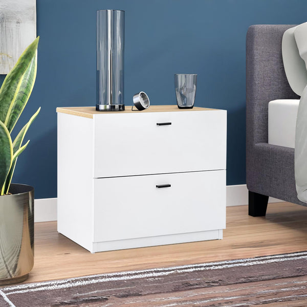 Hekla Wooden Bedside Table Nightstand with 2 Drawers - White