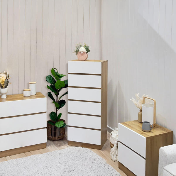 Harris 6 Drawers Slim Tallboy - Oak + White