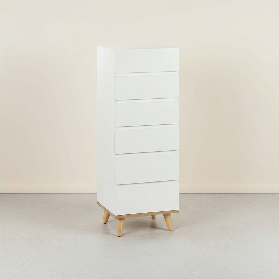 Hudson Wooden Slim Tallboy 6 Drawers - White 