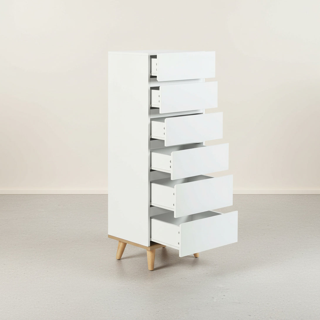 Hudson Wooden Slim Tallboy 6 Drawers - White 