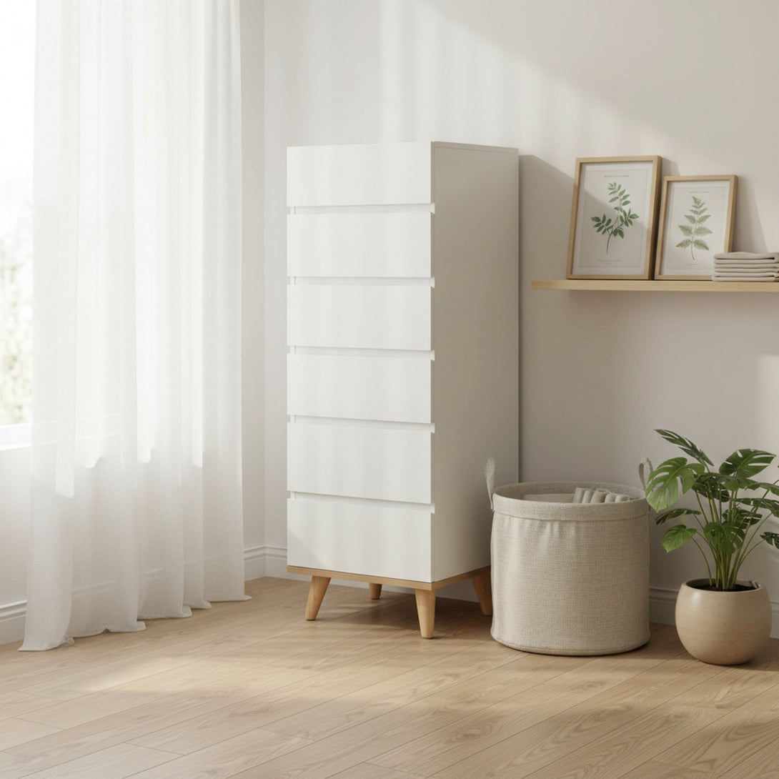 Hudson Wooden Slim Tallboy 6 Drawers - White 