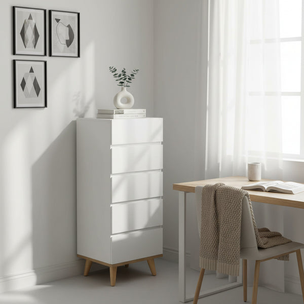 Hudson Wooden Slim Tallboy 6 Drawers - White 