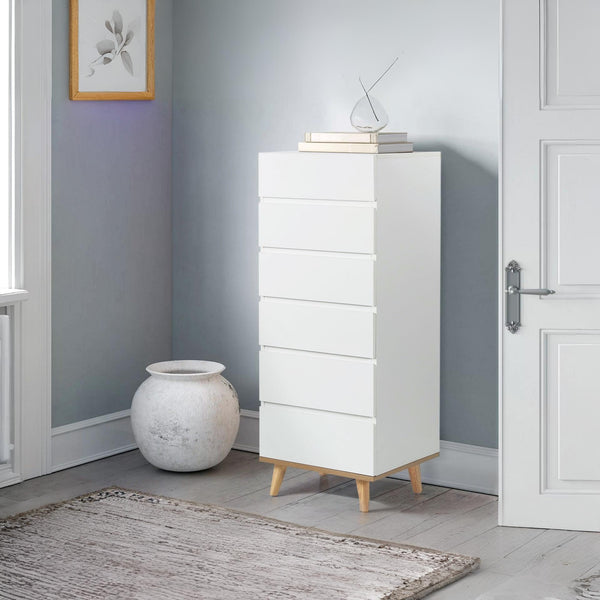 Hudson Wooden Slim Tallboy 6 Drawers - White 