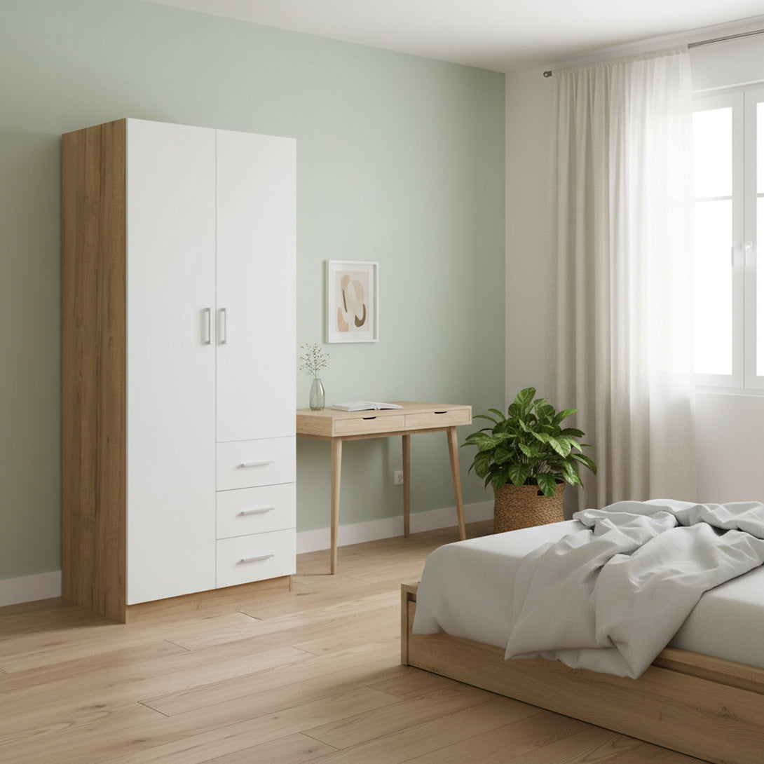 Harris 2 Door Wardrobe with 3 Drawers - Oak + White 