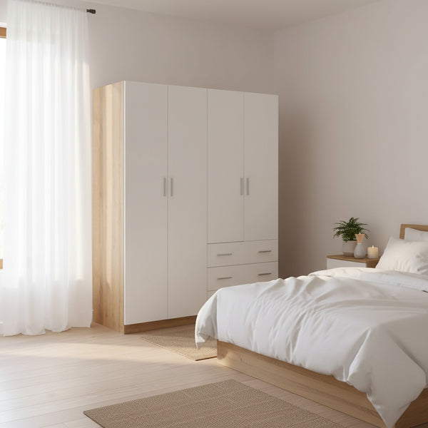  Harris 4 Door Wardrobe with 3 Drawers - Oak + White 