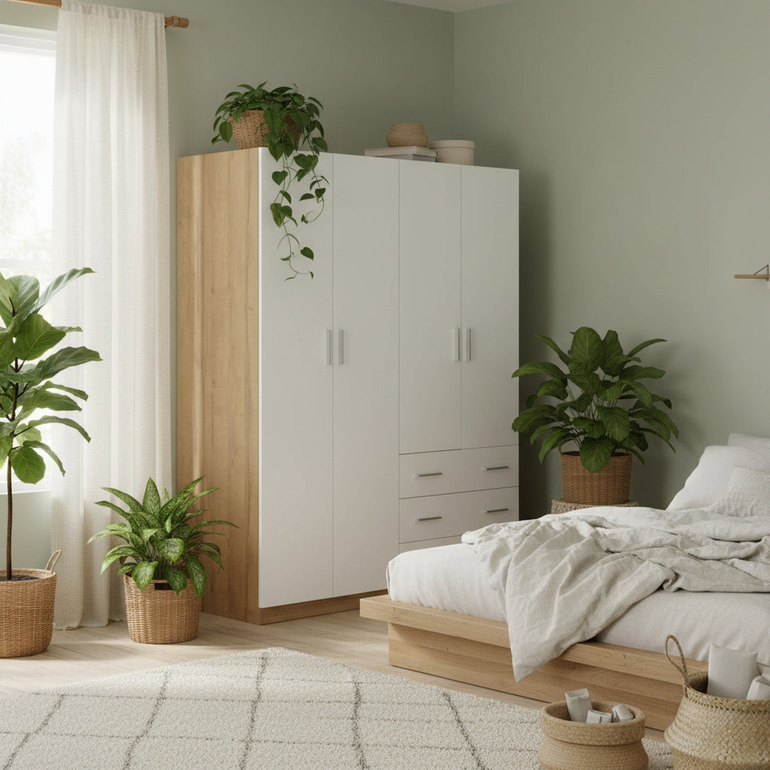  Harris 4 Door Wardrobe with 3 Drawers - Oak + White 