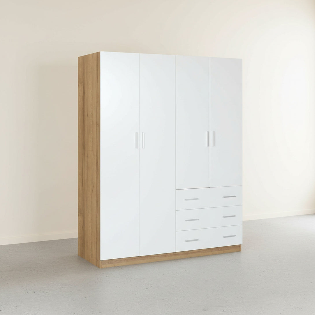  Harris 4 Door Wardrobe with 3 Drawers - Oak + White 