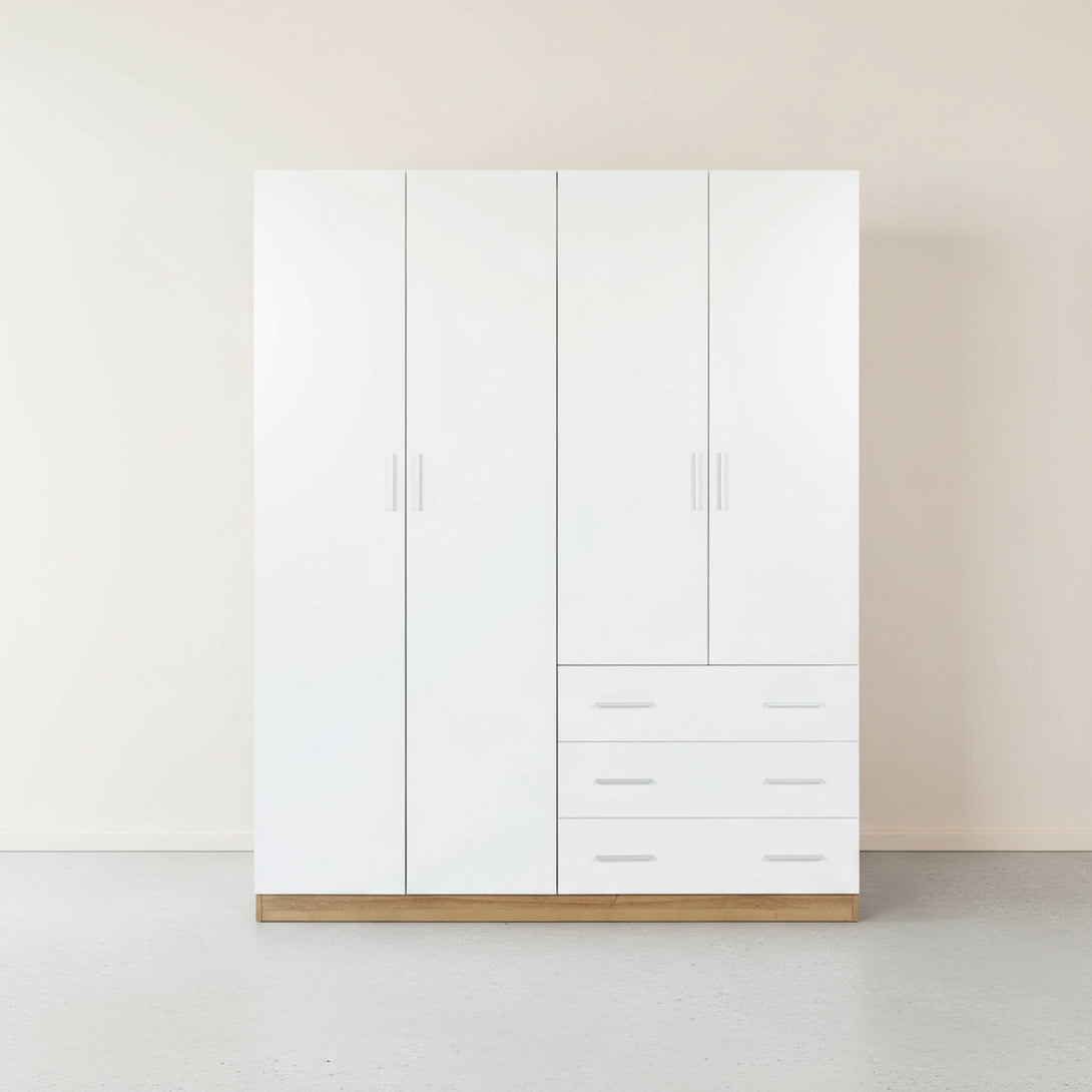  Harris 4 Door Wardrobe with 3 Drawers - Oak + White 