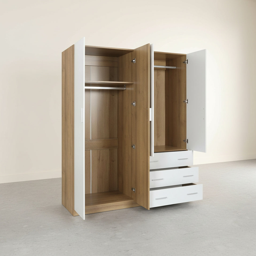  Harris 4 Door Wardrobe with 3 Drawers - Oak + White 