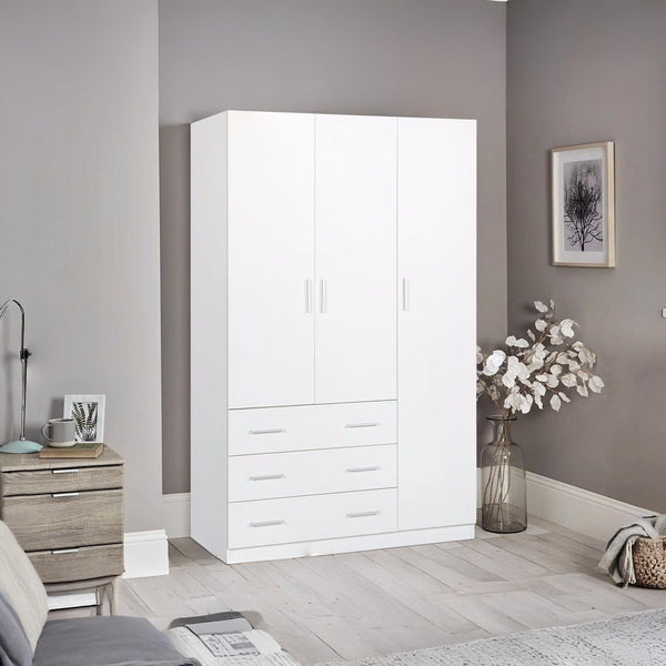 Tongass 3 Door Wardrobe with 3 Drawers - White