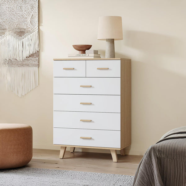 Alton Tallboy 6 Drawers - Natural + White