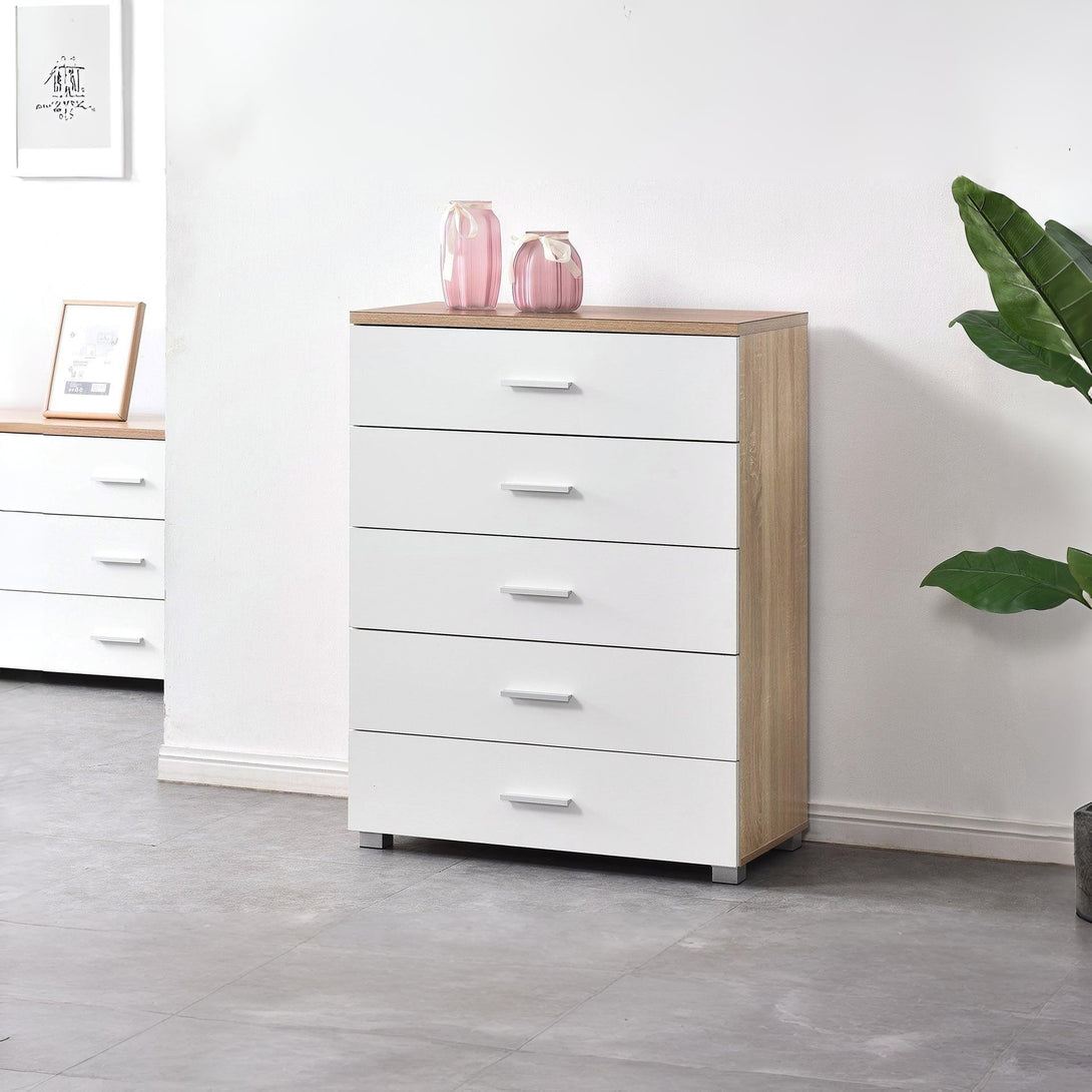 Bram Tallboy 5 Drawer Chest Dresser - Oak + White