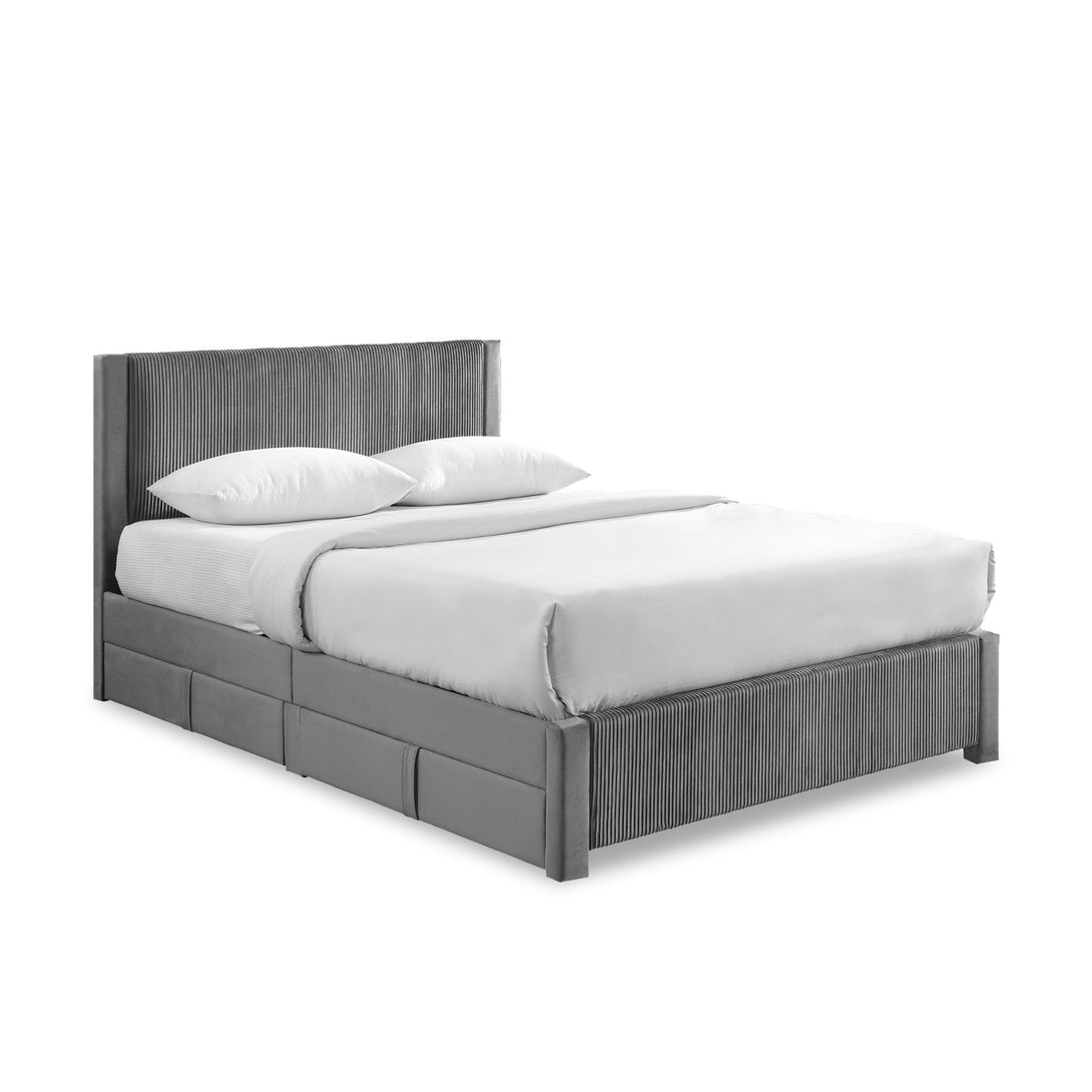 Gower Queen Fabric Bed Frame with 4 Drawers - Grey