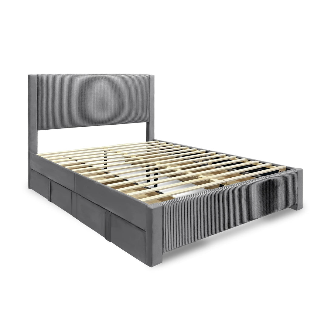 Gower Queen Fabric Bed Frame with 4 Drawers - Grey