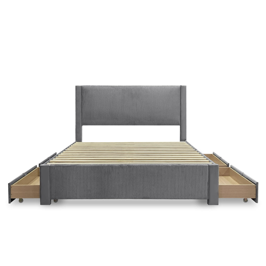 Gower Queen Fabric Bed Frame with 4 Drawers - Grey