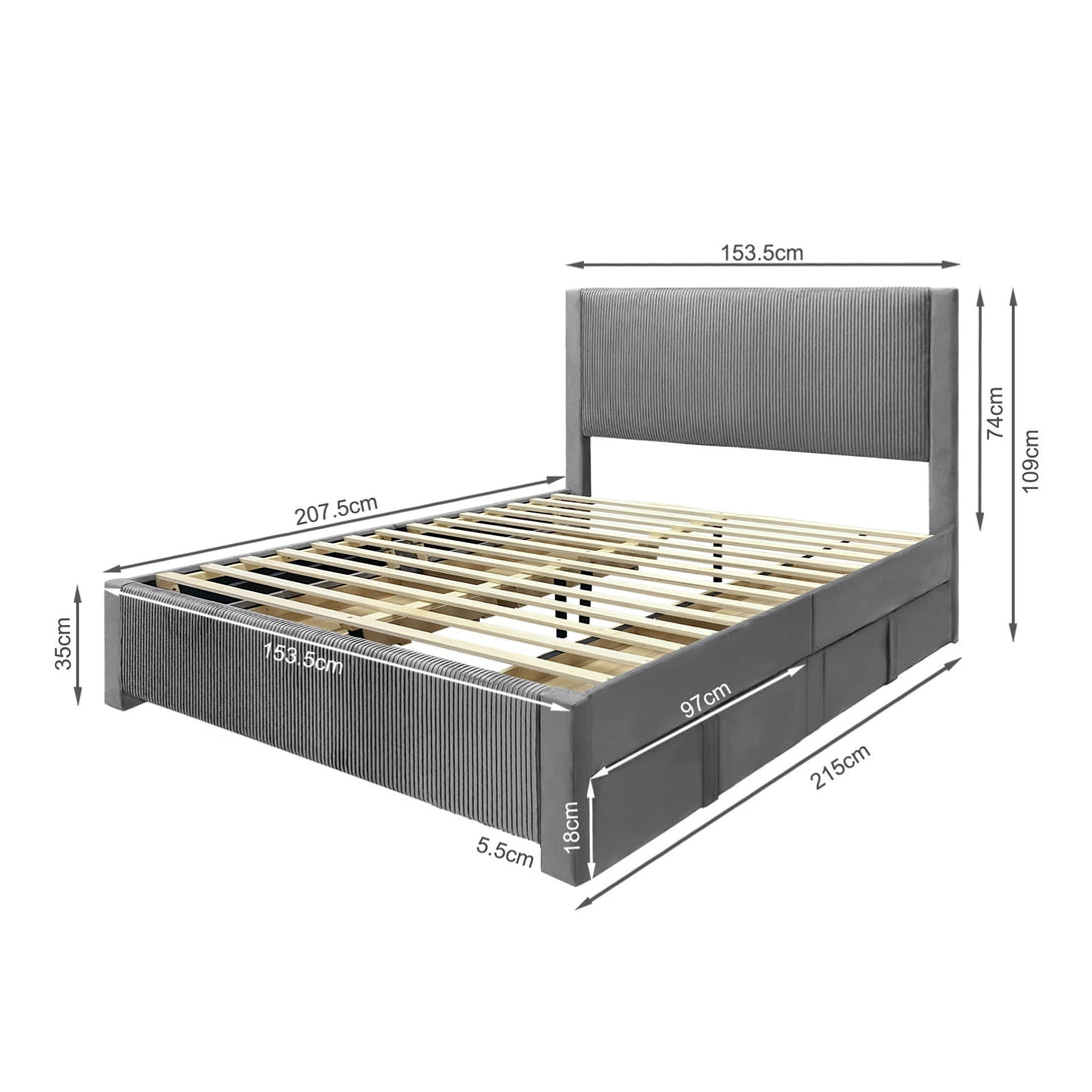 Gower Queen Fabric Bed Frame with 4 Drawers - Grey