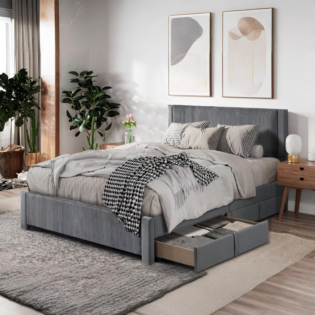 Gower Queen Fabric Bed Frame with 4 Drawers - Grey