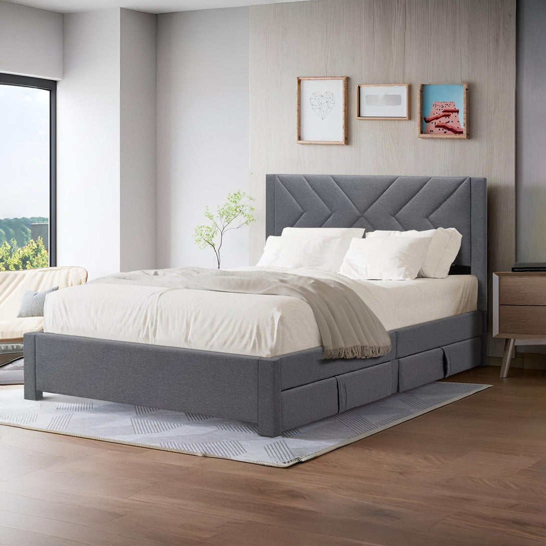 Haydon Queen Fabric Bed Frame with 4 Drawers - Light Grey