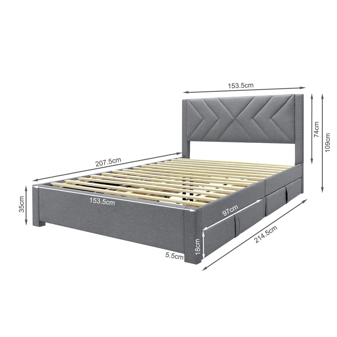 Haydon Queen Fabric Bed Frame with 4 Drawers - Light Grey