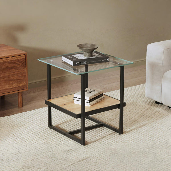 Hala Tempered Glass Top Side Table - Oak + Black