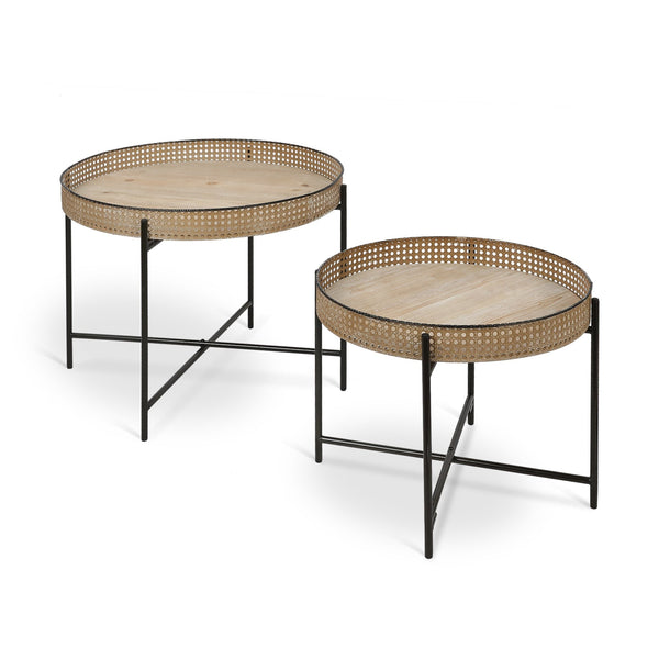 Side Table Set of 2 Round Metal Woven