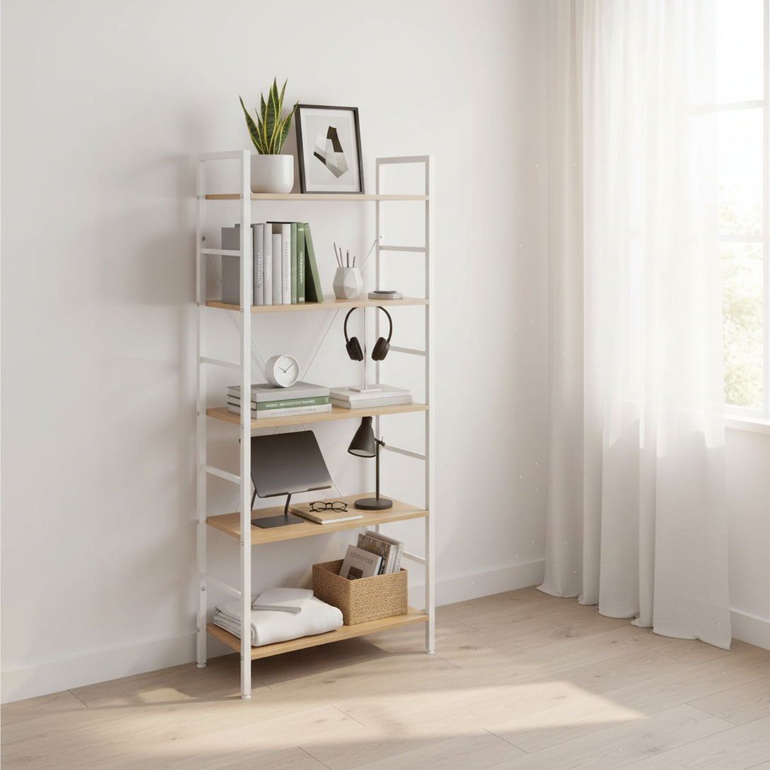 Hikuai 5 Tier Bookshelf - Natural + White