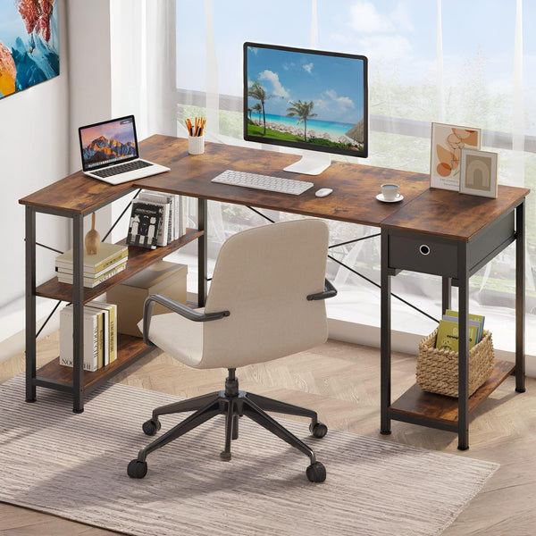 Simon Computer Corner Desk with Bookshelf - Rustic Brown