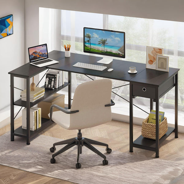 Simon Computer Corner Desk with Bookshelf - Black