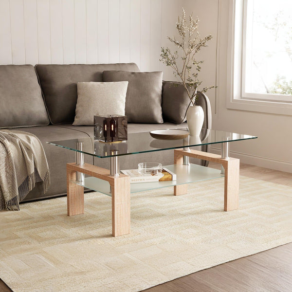 Ollie Tempered Glass Rectangle Coffee Table 110 x 60cm - Oak