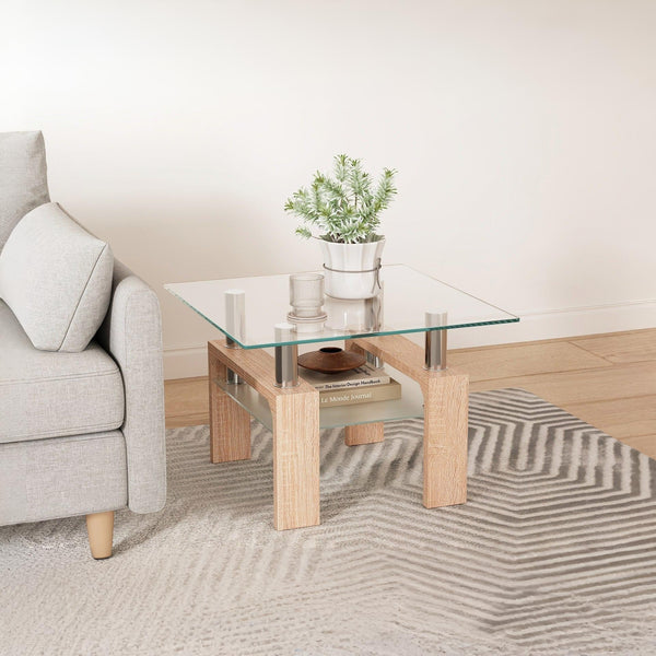 Ollie Tempered Glass Square Side Table 65 x 65cm - Oak