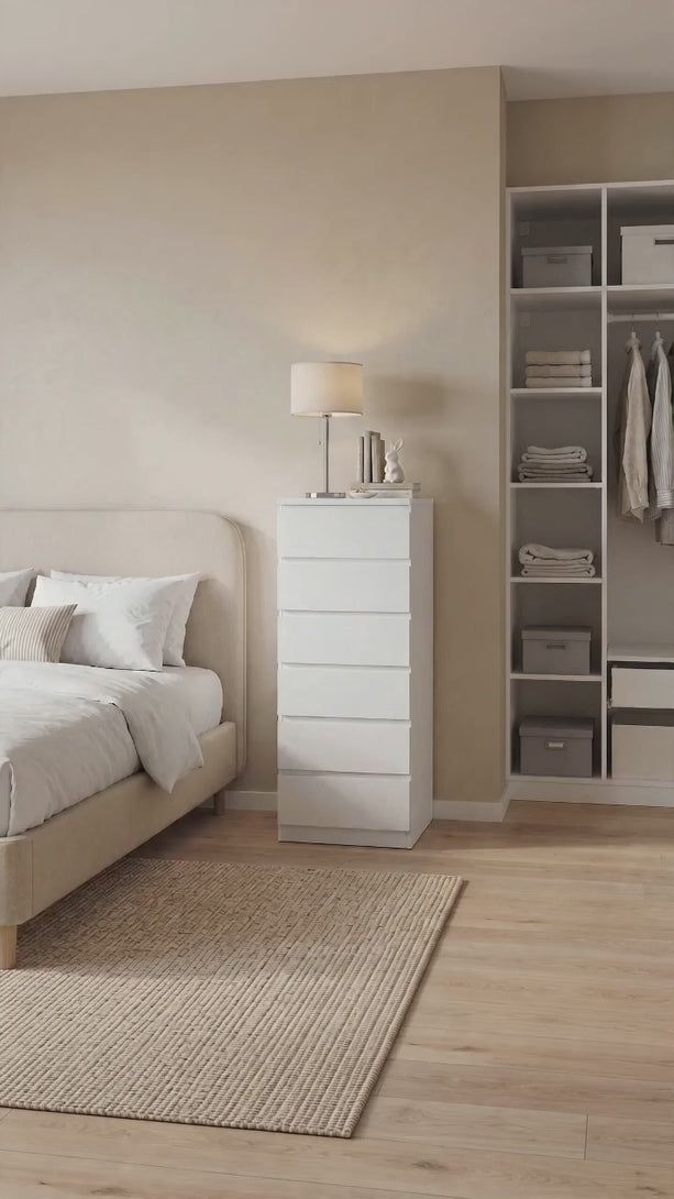产品视频-22601-tongass-wooden-slim-tallboy-6-drawers-white-260710