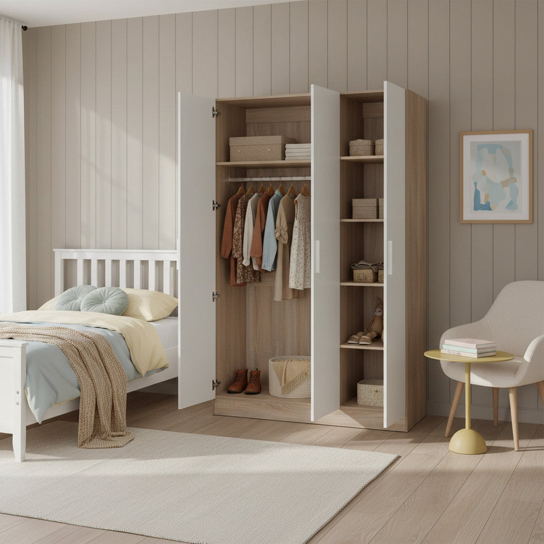 Bram 3 Door Wardrobe Cabinet - Oak + White