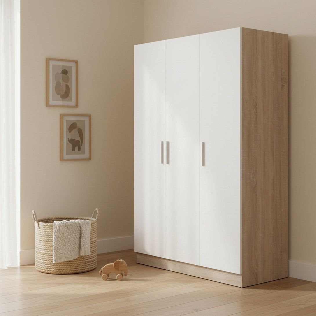 Bram 3 Door Wardrobe Cabinet - Oak + White