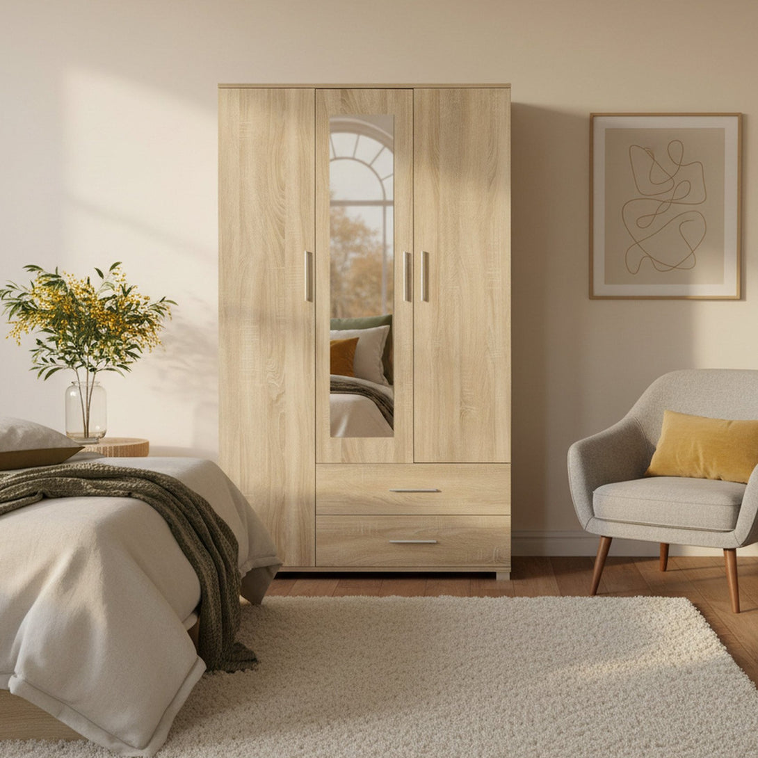 Bram 3 Door Wardrobe Cabinet with Mirror - Oak