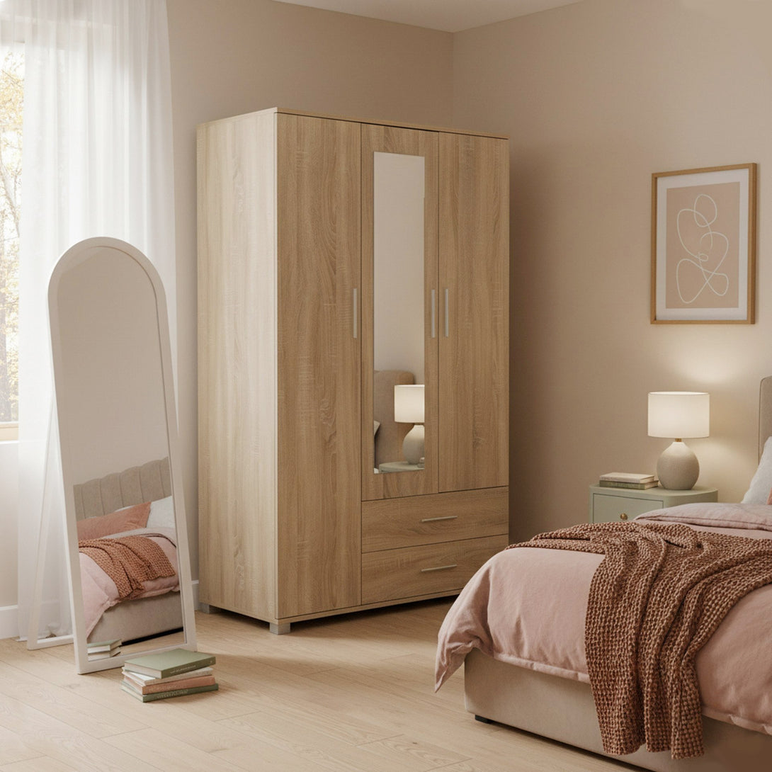 Bram 3 Door Wardrobe Cabinet with Mirror - Oak