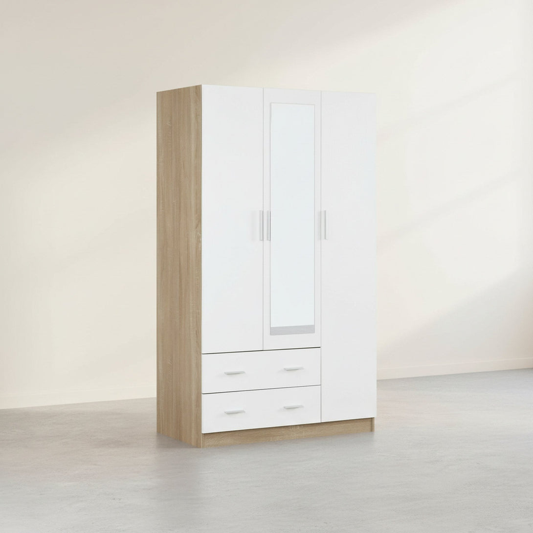 Bram 3 Door Wardrobe Cabinet with Mirror - Oak + White