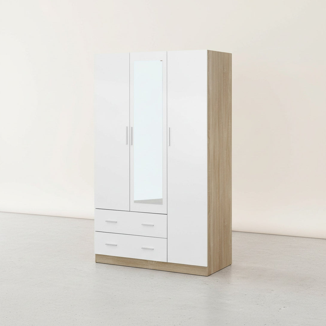 Bram 3 Door Wardrobe Cabinet with Mirror - Oak + White