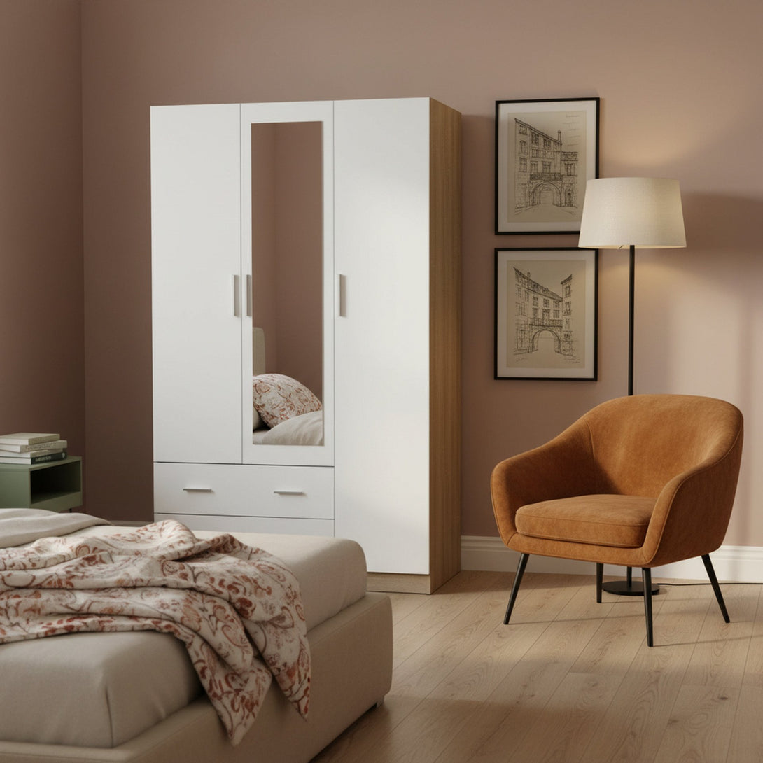 Bram 3 Door Wardrobe Cabinet with Mirror - Oak + White